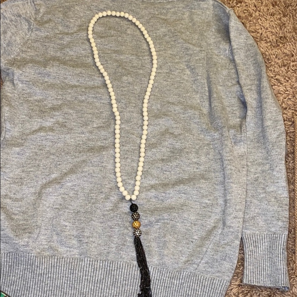White Beaded Necklace with Chain Tassel